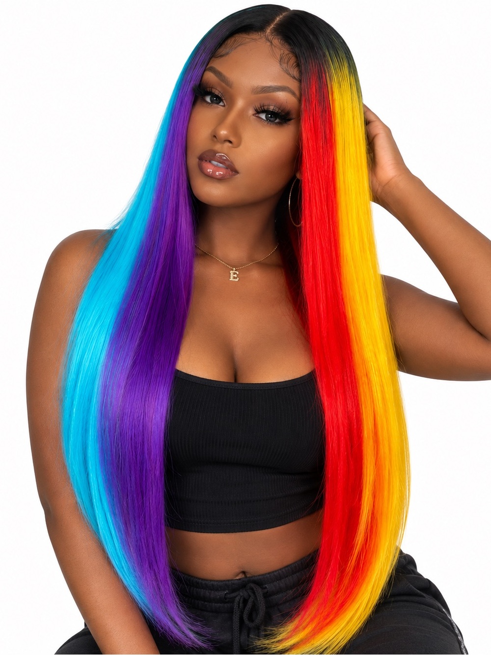Vibrant Rainbow Straight lace front wig middle part Multi color 26 inch Long
